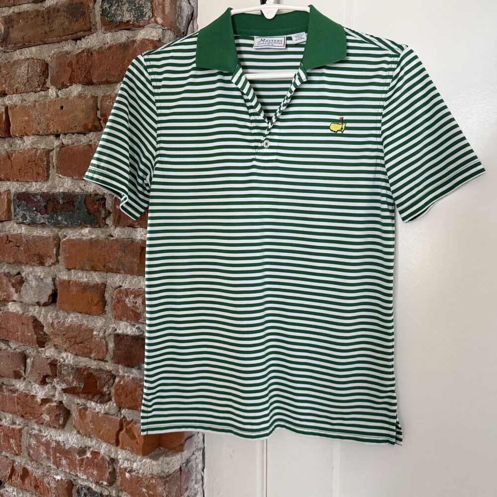 Masters Collection Kids L (10/12) Green White Striped Short Sleeve Collared Polo